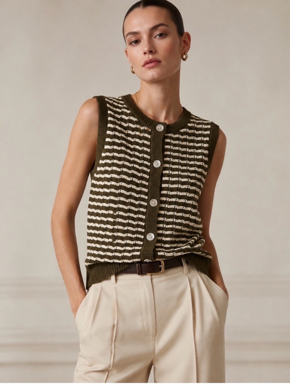 Striped Knit Button Front Sleeveless Sweater Vest - Olive & Cream